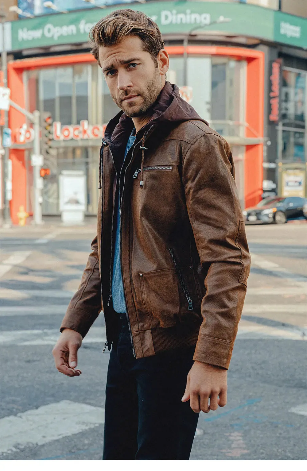 Brown Leather Jacket Genuine Leather Men Motorcycle With Removable Hood Warm For Men