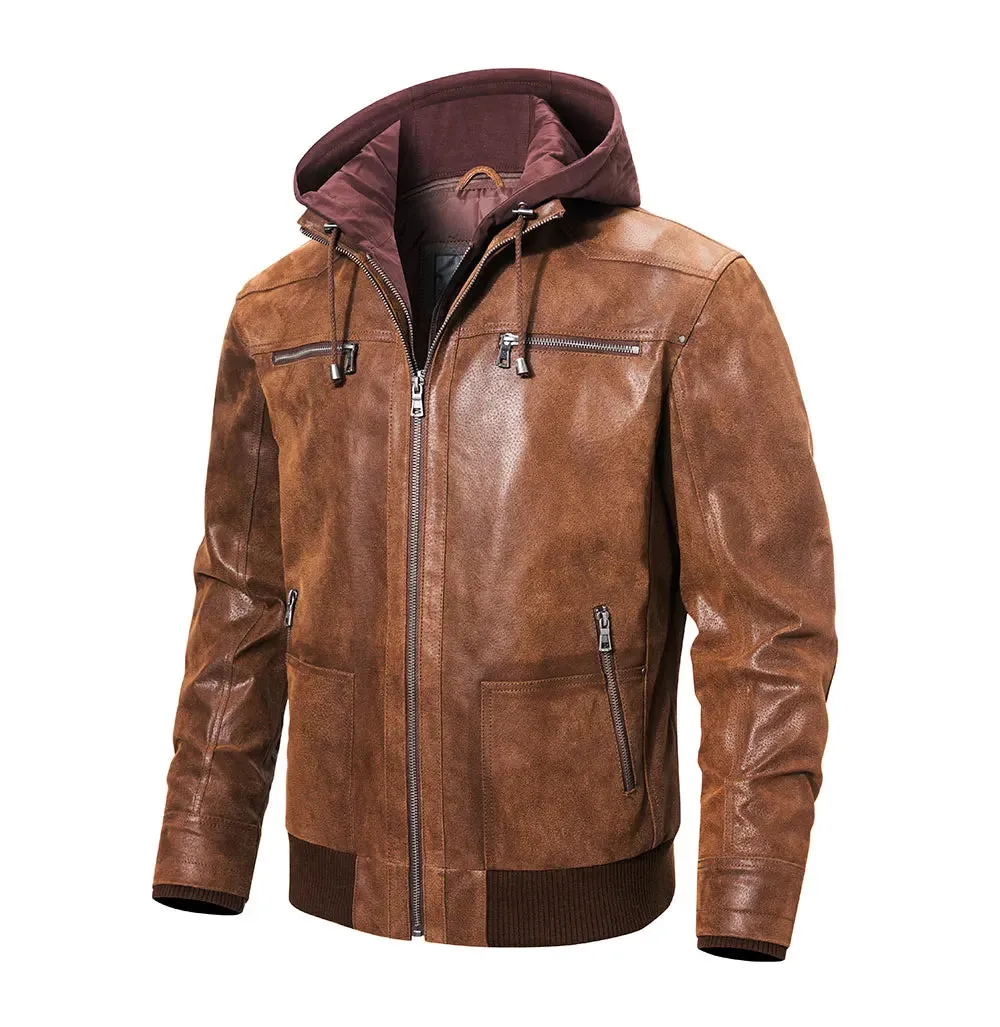 Brown Leather Jacket Genuine Leather Men Motorcycle With Removable Hood Warm For Men