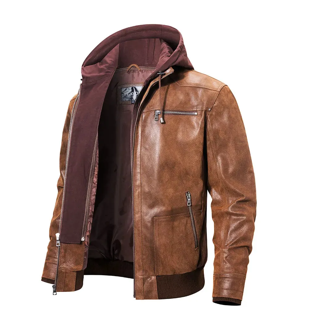 Brown Leather Jacket Genuine Leather Men Motorcycle With Removable Hood Warm For Men