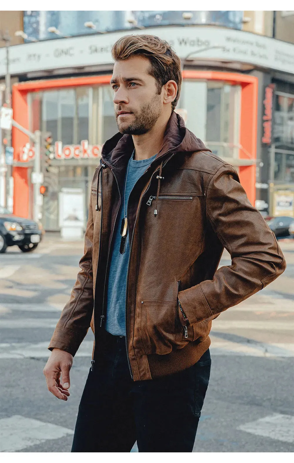 Brown Leather Jacket Genuine Leather Men Motorcycle With Removable Hood Warm For Men
