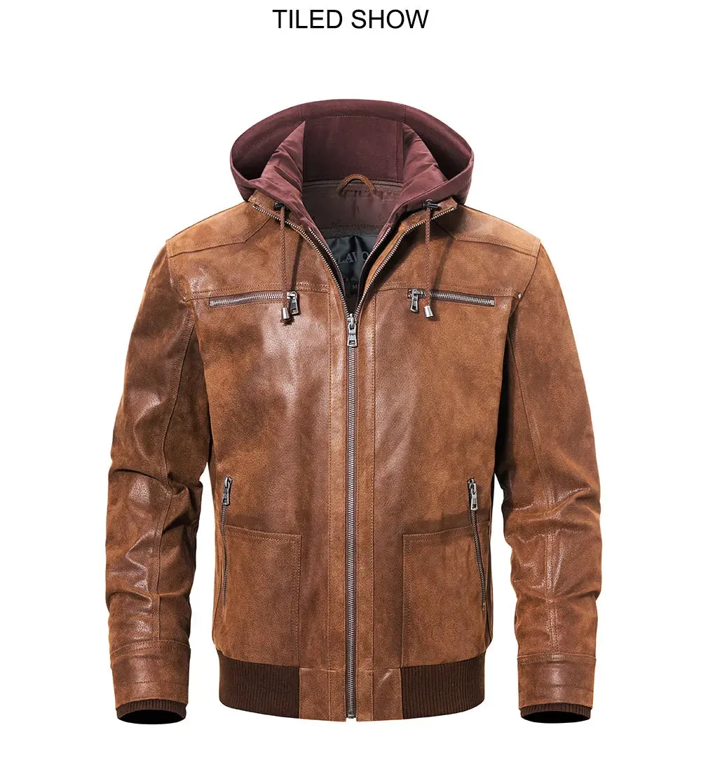 Brown Leather Jacket Genuine Leather Men Motorcycle With Removable Hood Warm For Men