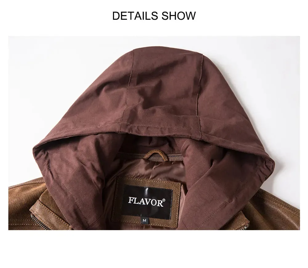 Brown Leather Jacket Genuine Leather Men Motorcycle With Removable Hood Warm For Men