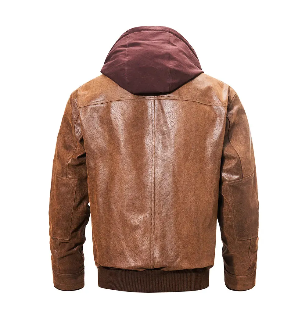 Brown Leather Jacket Genuine Leather Men Motorcycle With Removable Hood Warm For Men