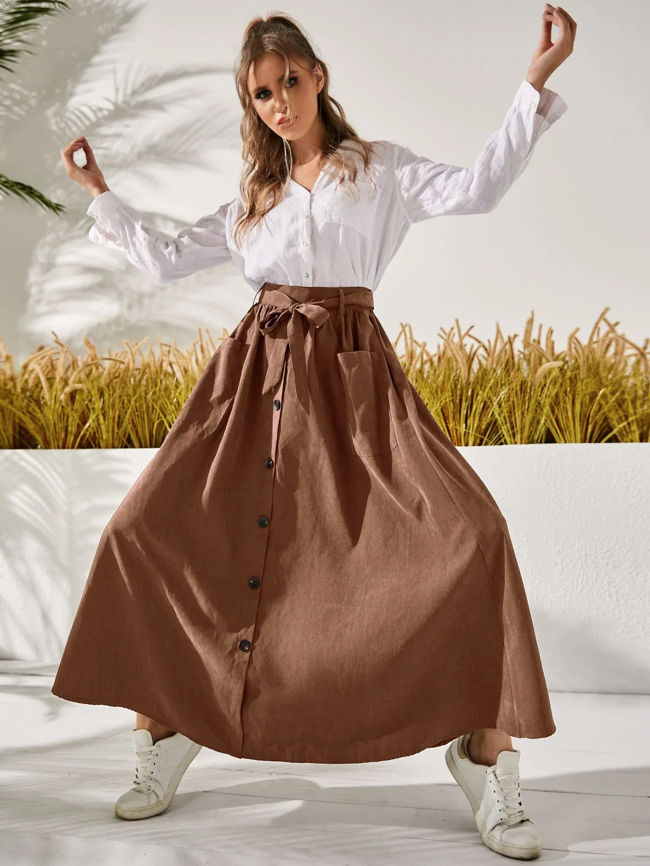 Casual Plain Button Front High Waist Long Women Skirt