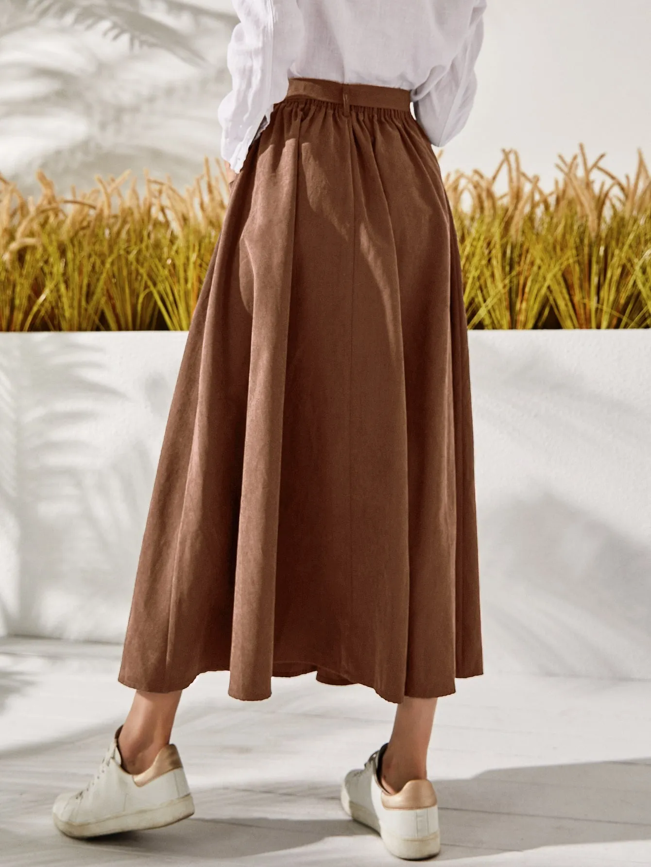 Casual Plain Button Front High Waist Long Women Skirt