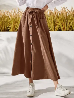 Casual Plain Button Front High Waist Long Women Skirt