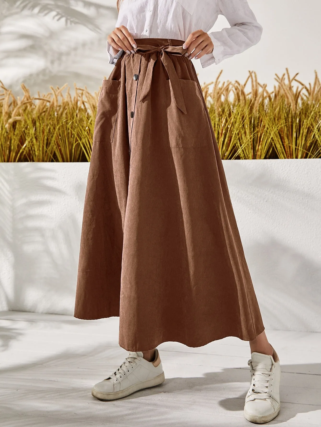 Casual Plain Button Front High Waist Long Women Skirt