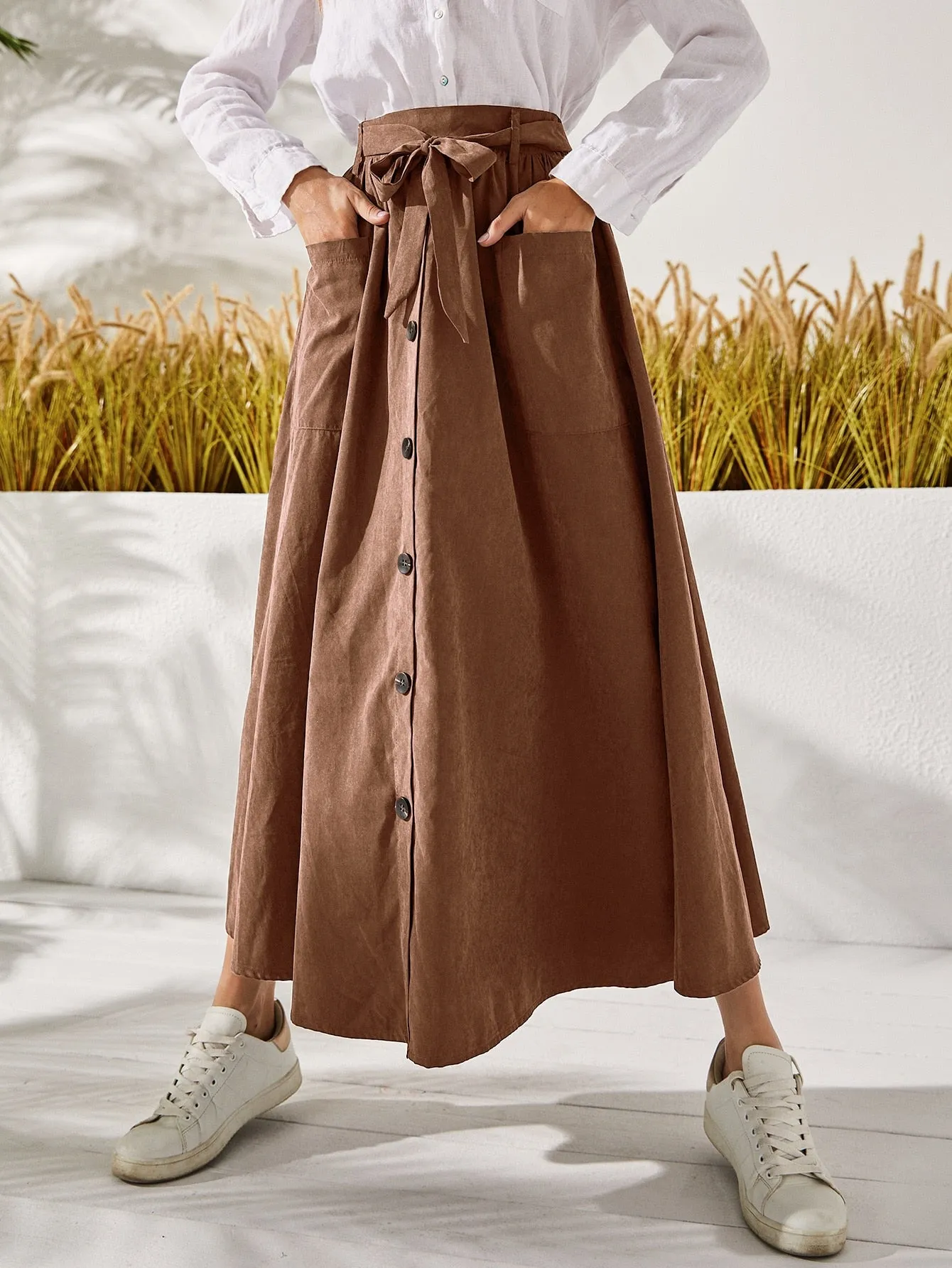 Casual Plain Button Front High Waist Long Women Skirt