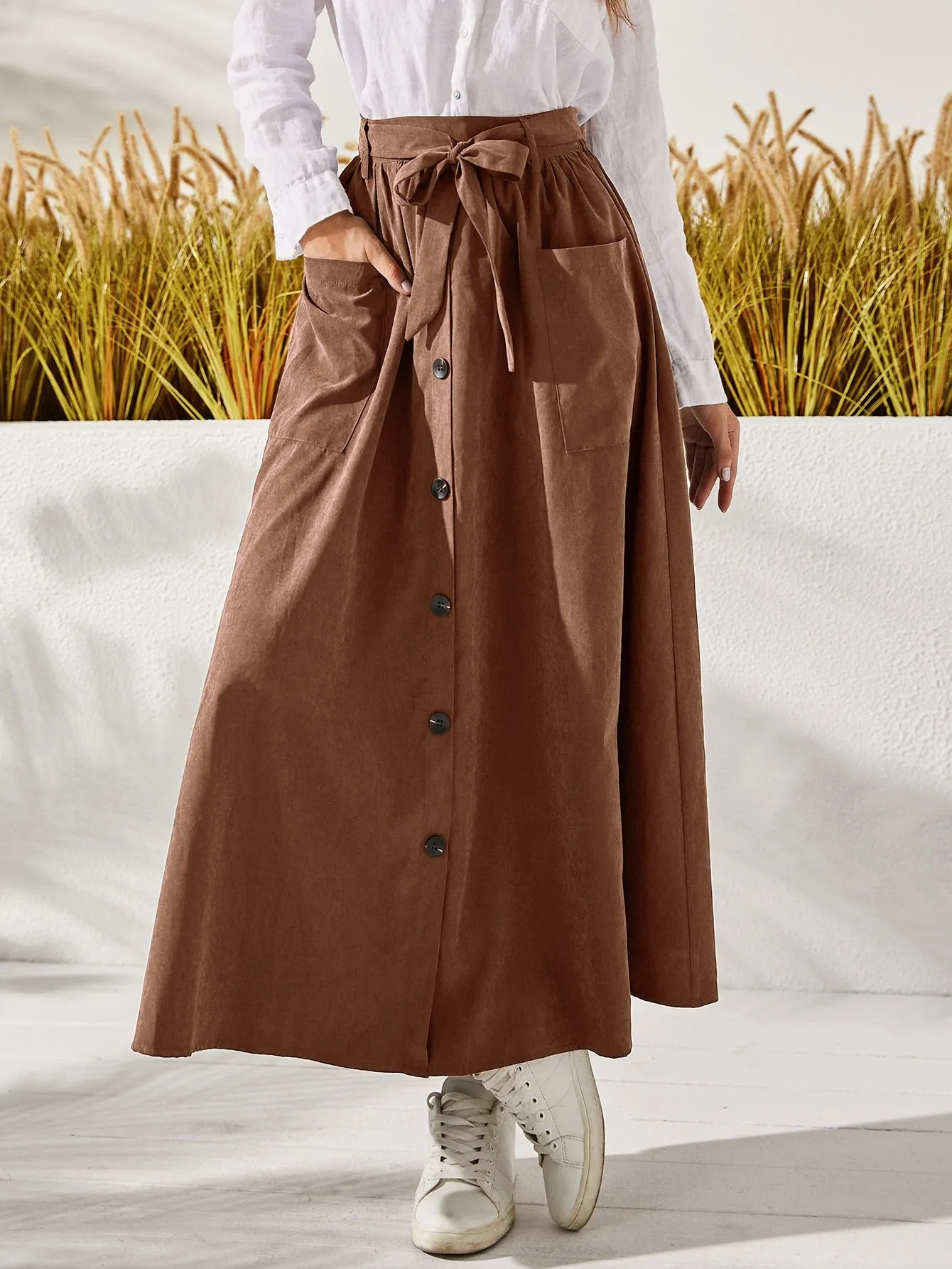 Casual Plain Button Front High Waist Long Women Skirt