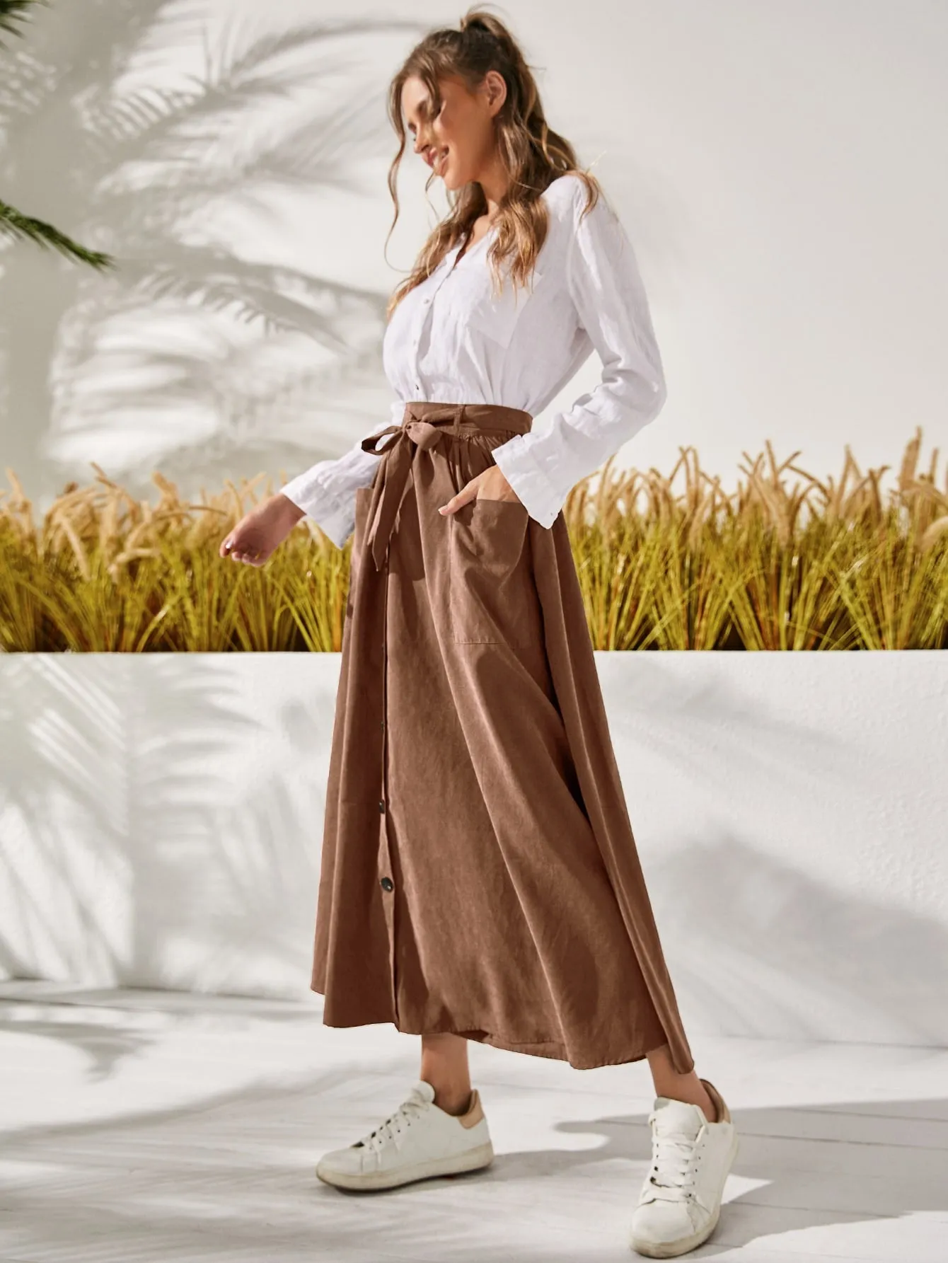 Casual Plain Button Front High Waist Long Women Skirt