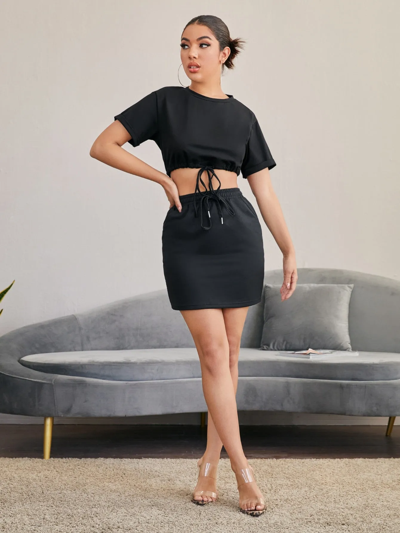 Casual Plain Drawstring High Waist Mini Women Skirt