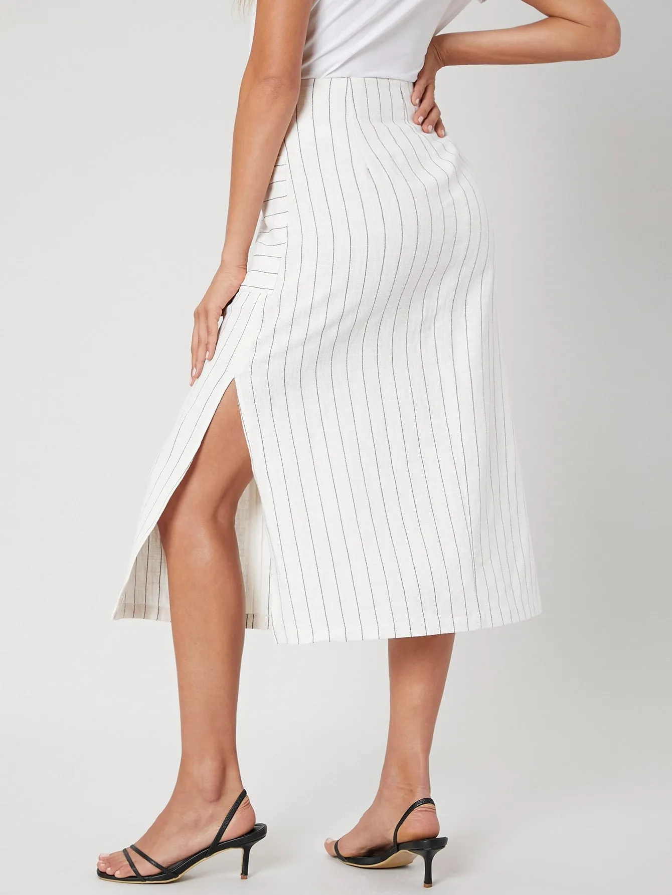 Casual Striped Button Front High Waist Midi Women Skirt
