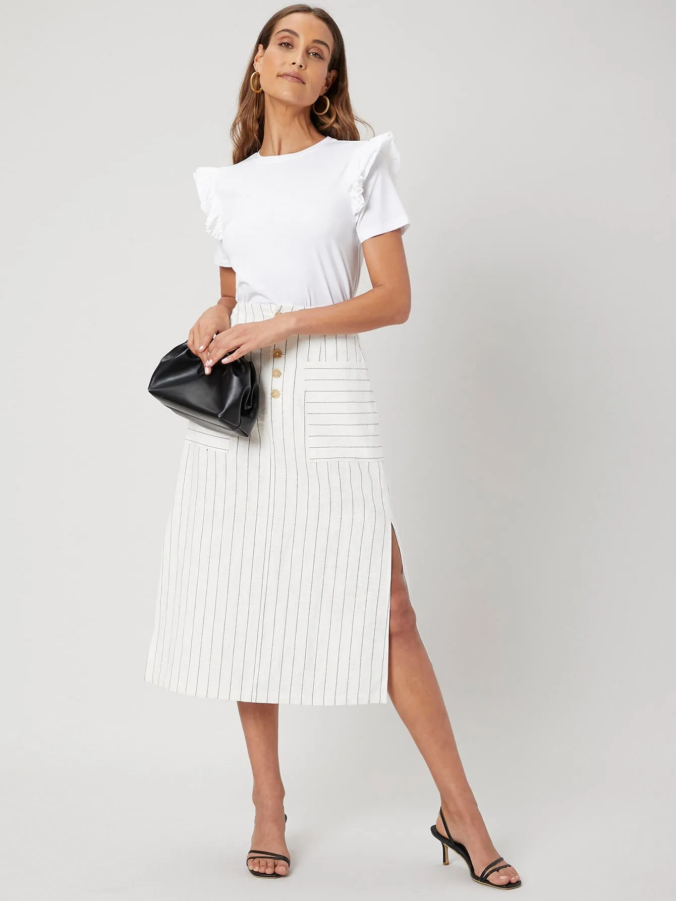 Casual Striped Button Front High Waist Midi Women Skirt