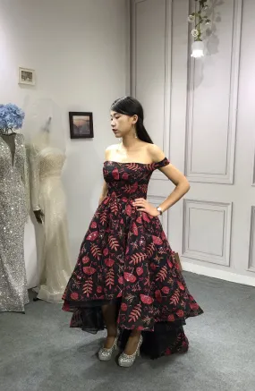 Chic black and red off shoulder hi low prom semi formal dress