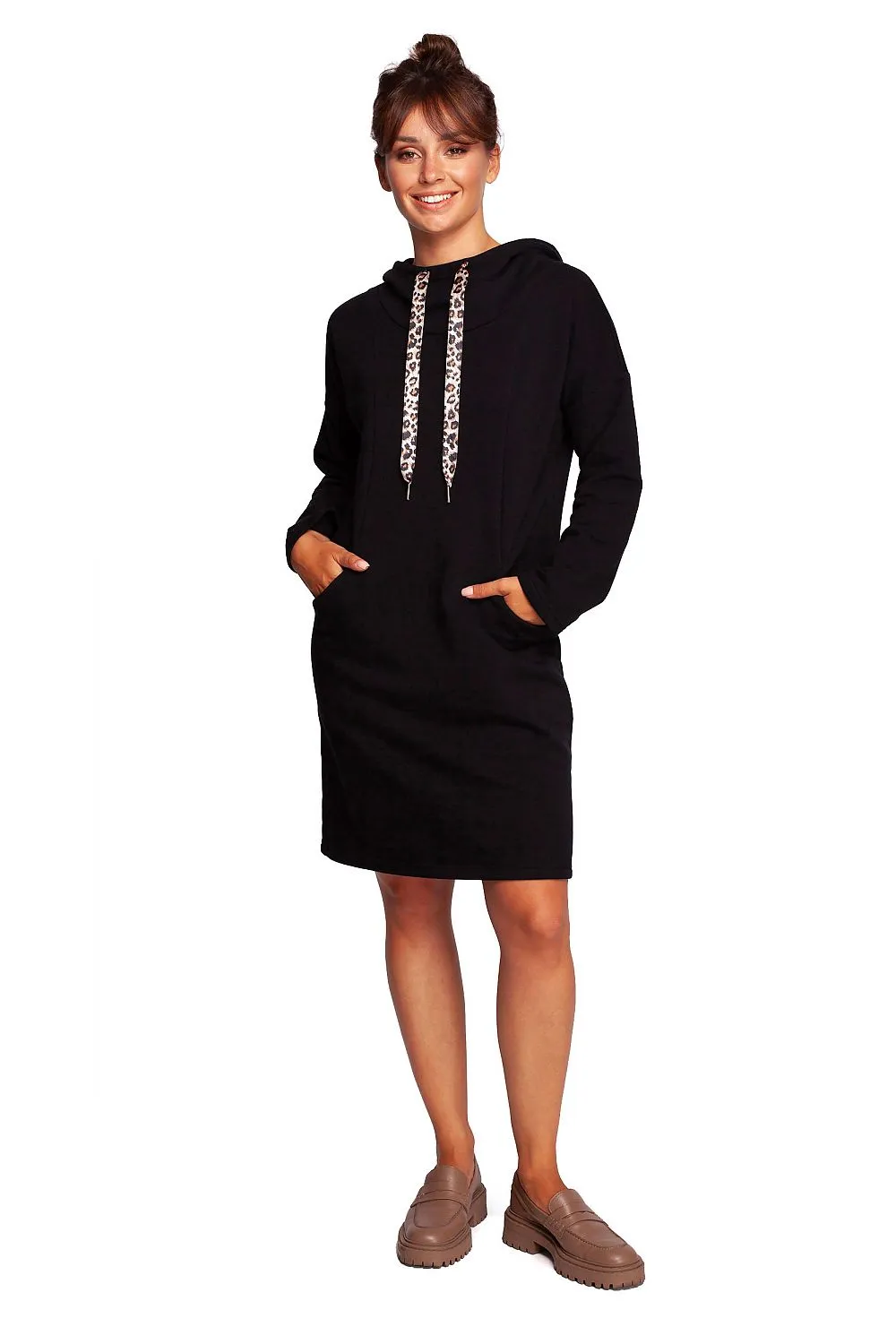 Chic Leopard Print Hooded Casual Dress