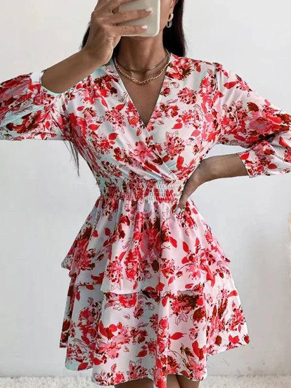 Chic Printed Pleated V-Neck Long Sleeve Dress