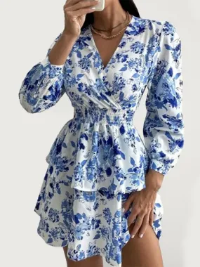 Chic Printed Pleated V-Neck Long Sleeve Dress