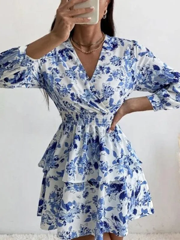 Chic Printed Pleated V-Neck Long Sleeve Dress