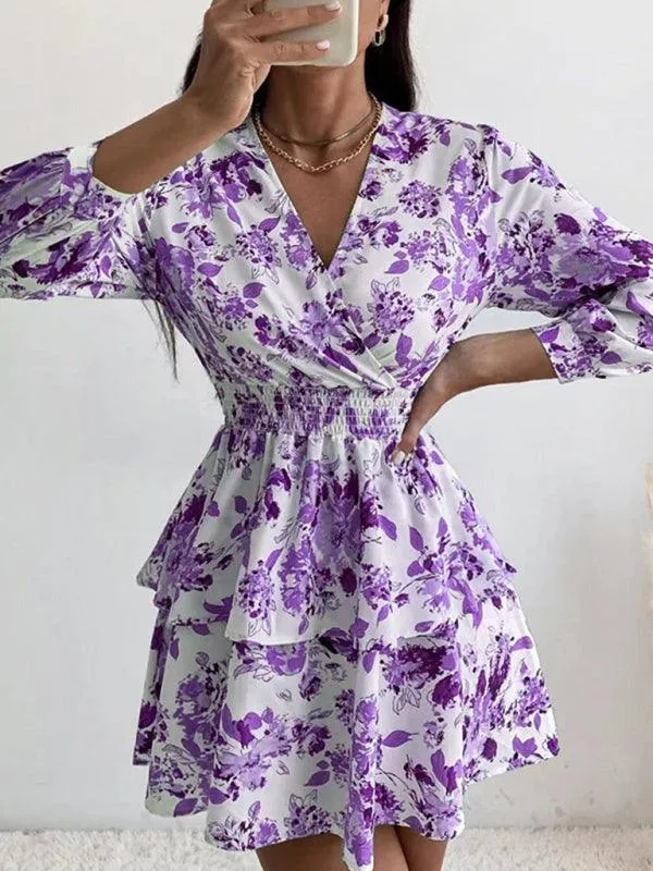 Chic Printed Pleated V-Neck Long Sleeve Dress