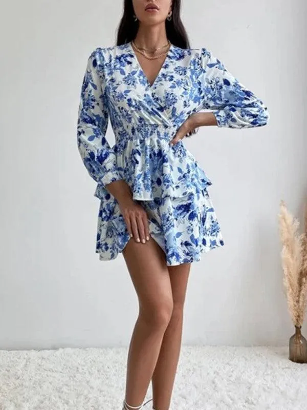 Chic Printed Pleated V-Neck Long Sleeve Dress