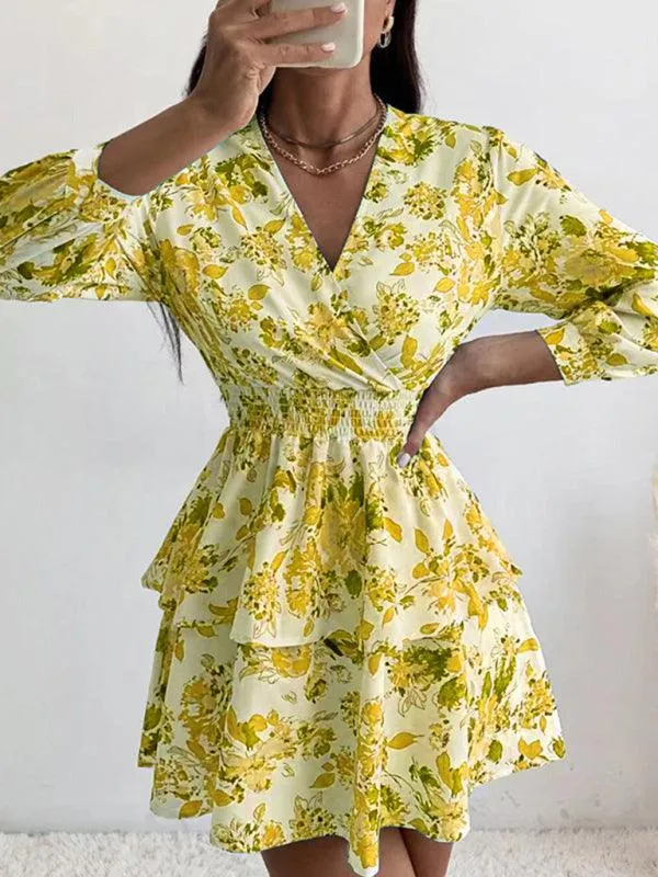 Chic Printed Pleated V-Neck Long Sleeve Dress