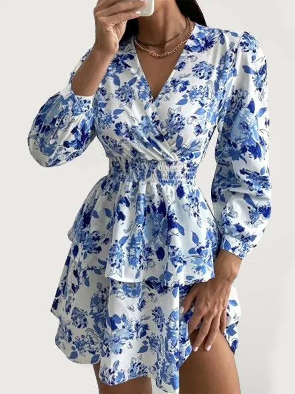 Chic Printed Pleated V-Neck Long Sleeve Dress