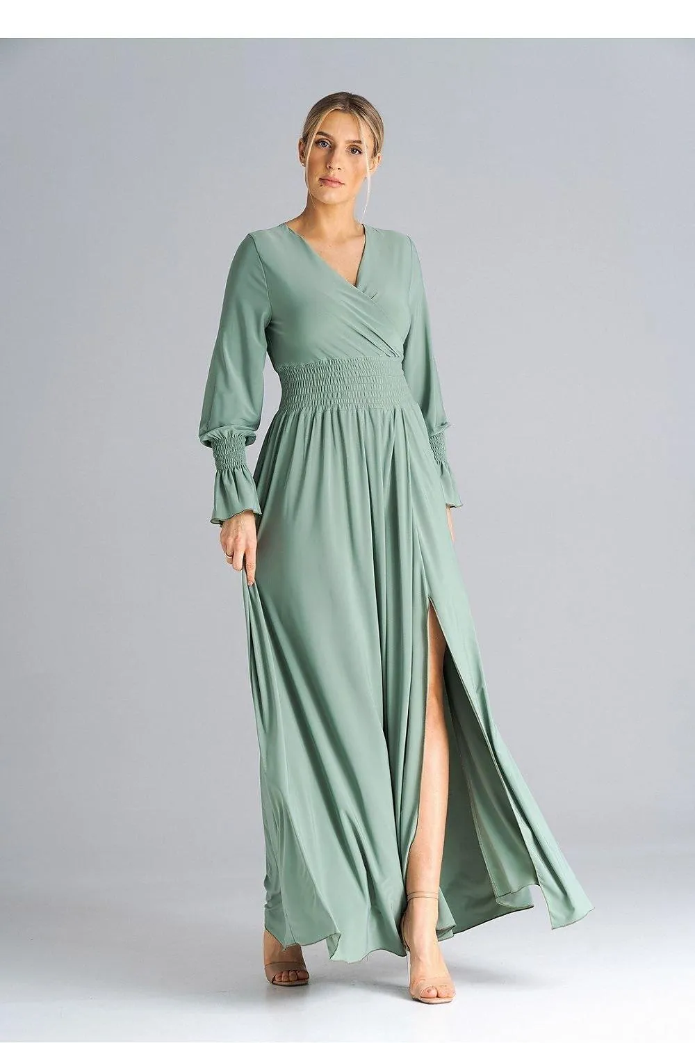 Chic Ruched Sleeve Evening Maxi Dress