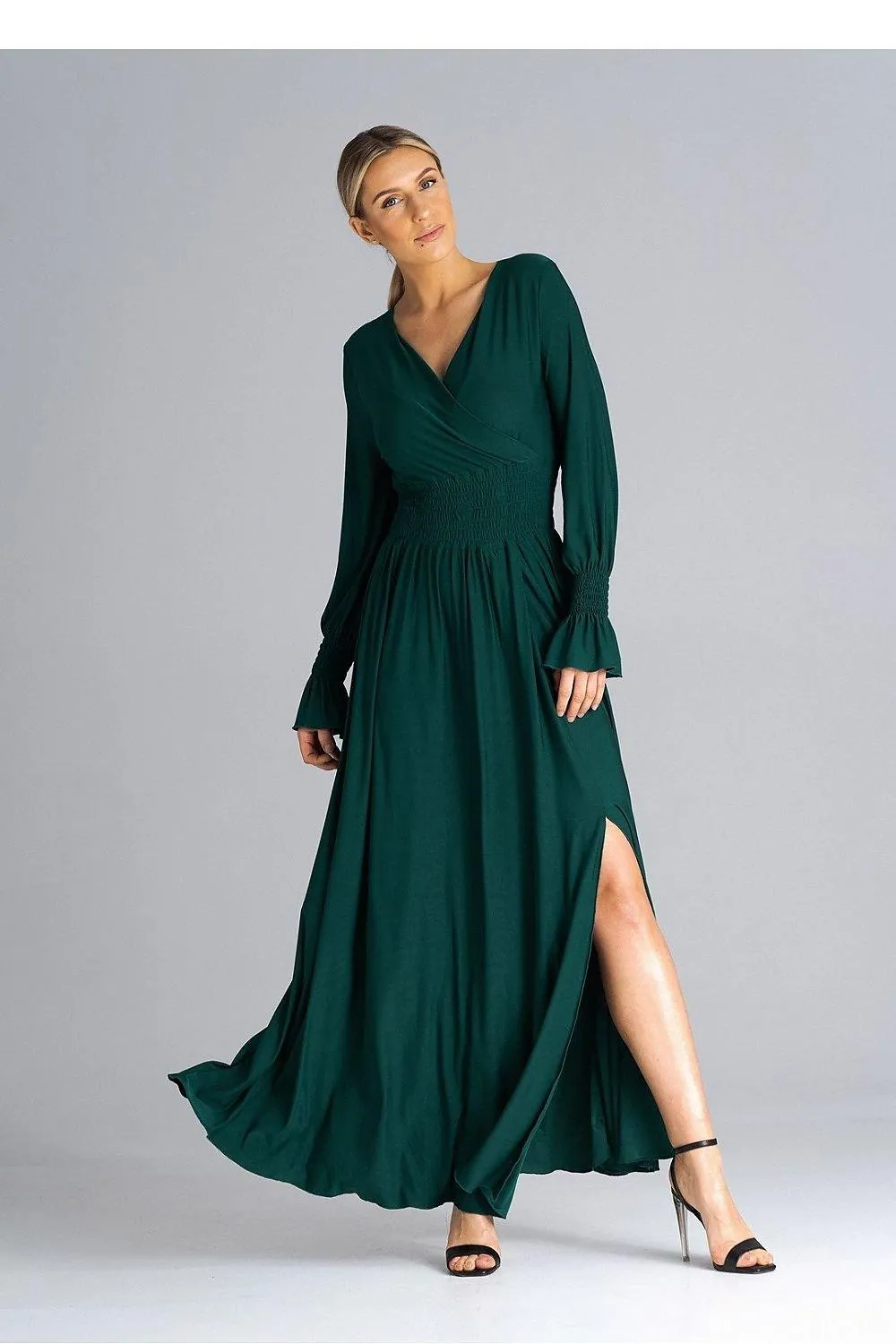 Chic Ruched Sleeve Evening Maxi Dress