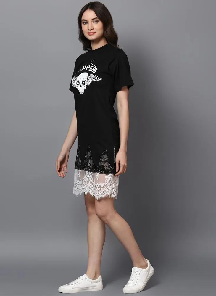'CHOPPERS' Printed Basic Dress with Lace Insert