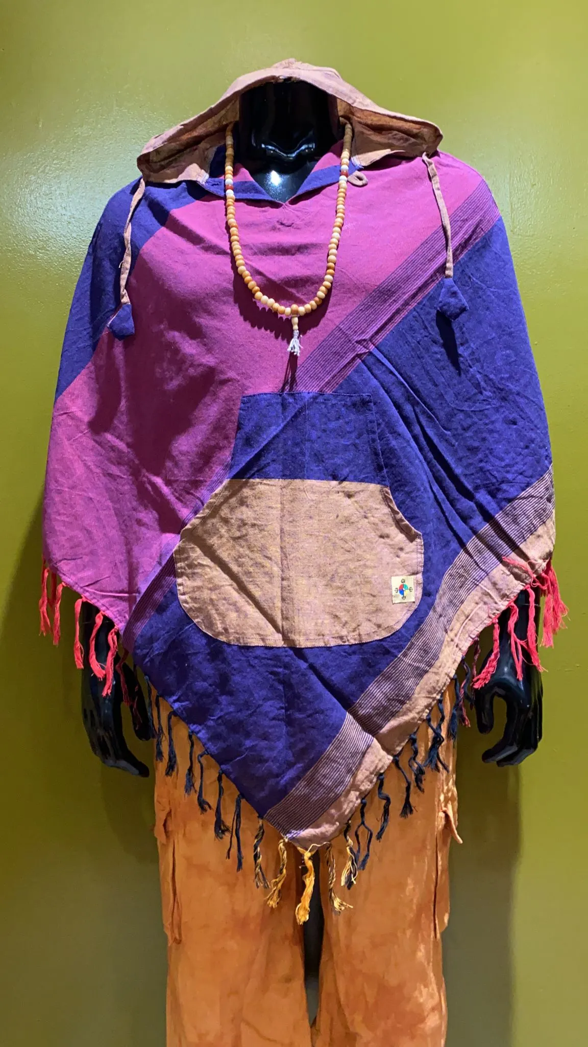 Cotton Diamond-Cut Front Pocket Hoodie Poncho - Tri Color