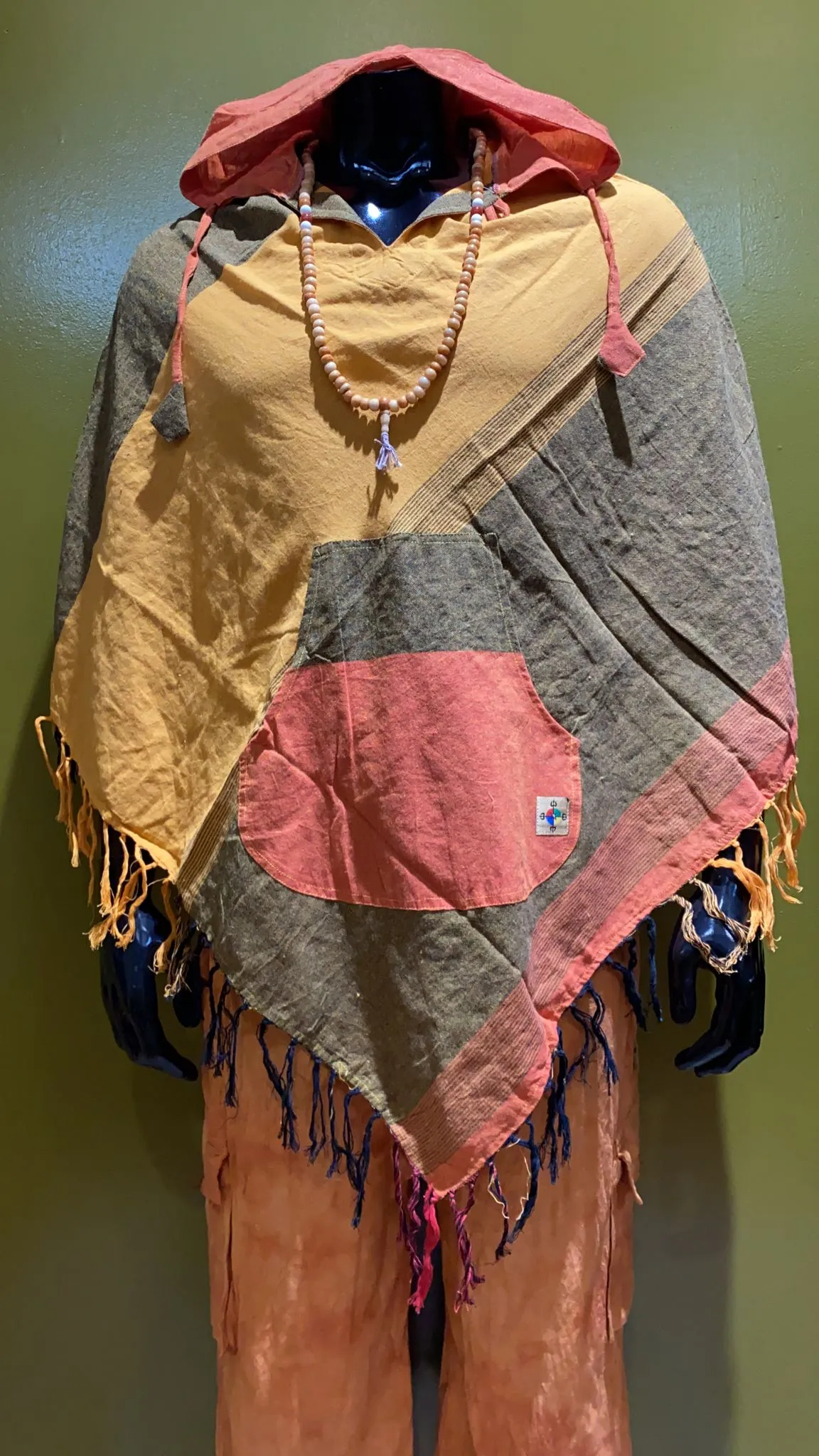 Cotton Diamond-Cut Front Pocket Hoodie Poncho - Tri Color