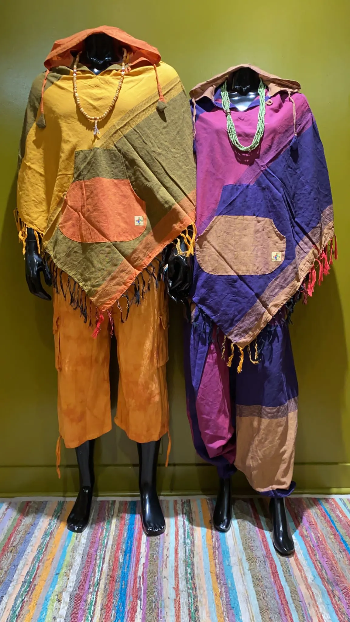 Cotton Diamond-Cut Front Pocket Hoodie Poncho - Tri Color