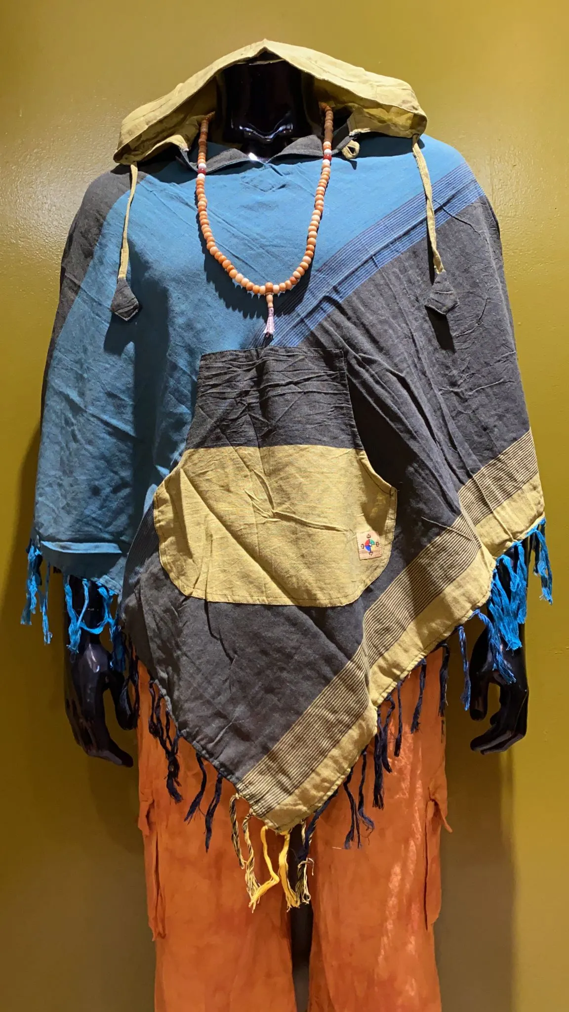 Cotton Diamond-Cut Front Pocket Hoodie Poncho - Tri Color