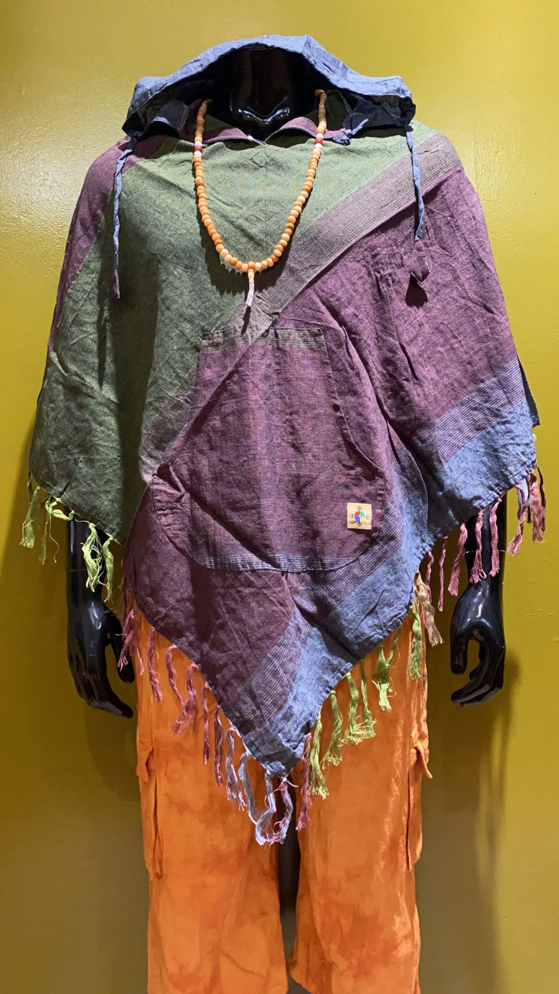 Cotton Diamond-Cut Front Pocket Hoodie Poncho - Tri Color