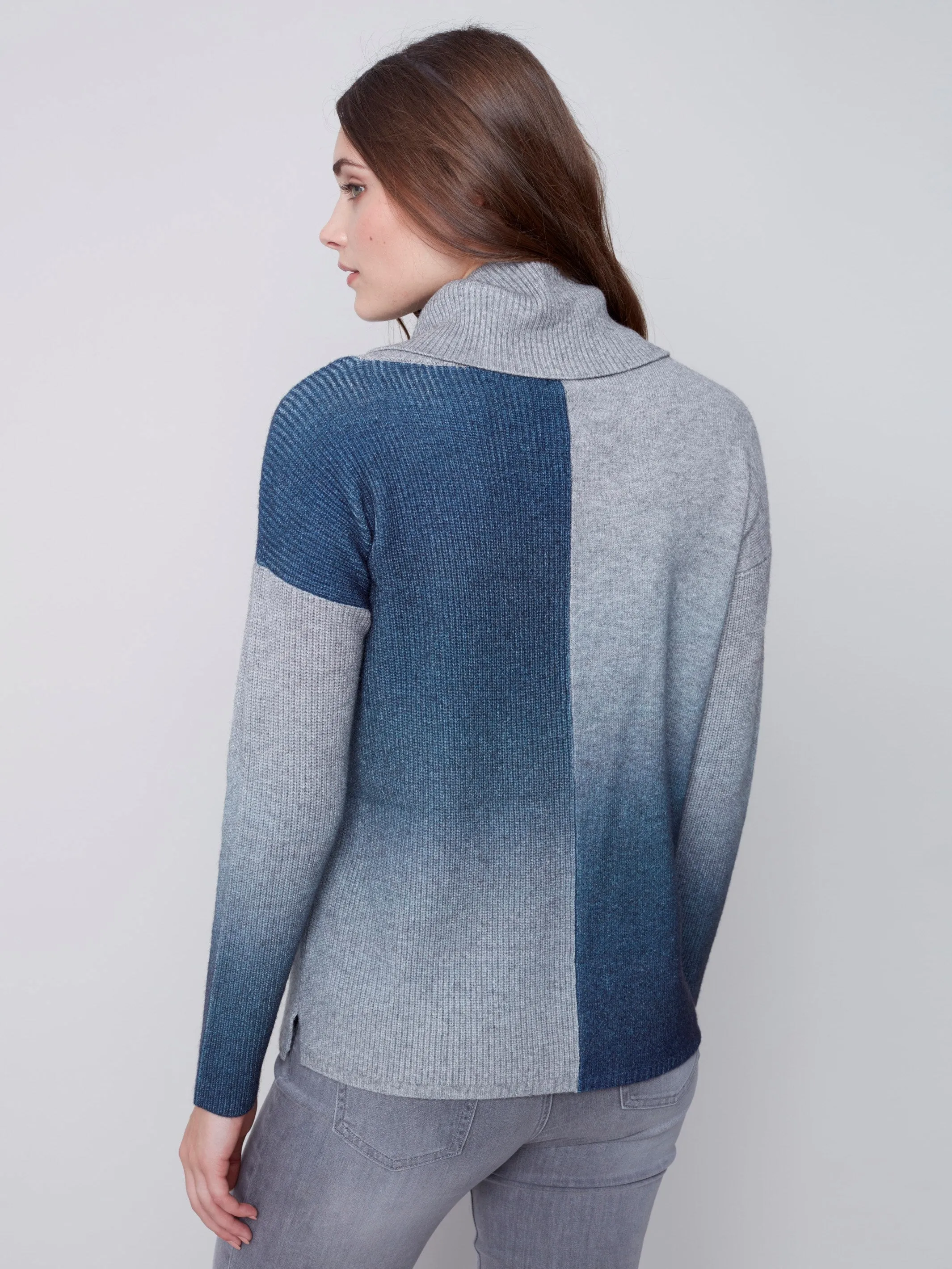 Cowl Neck Ombré Printed Sweater - Denim