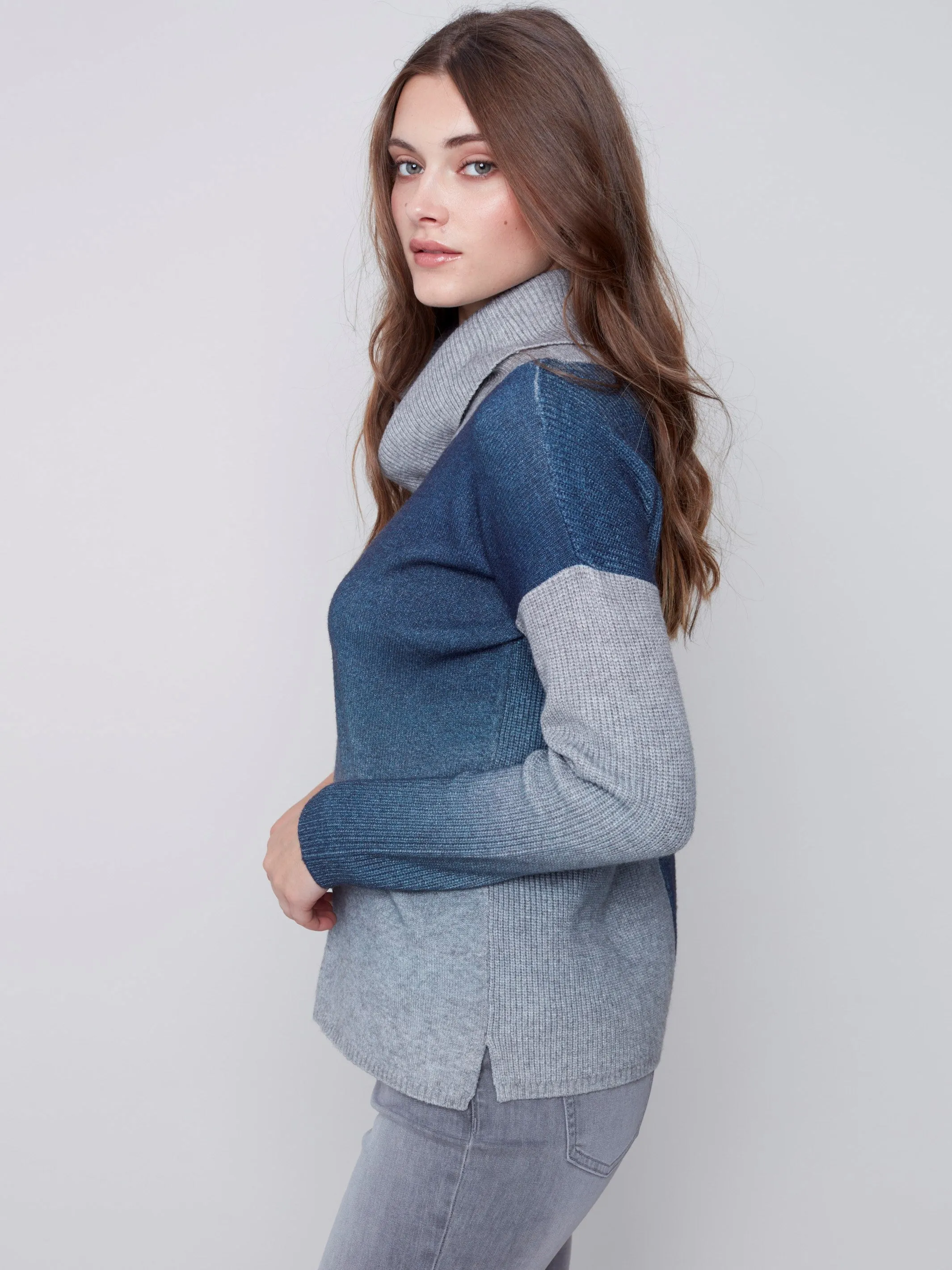 Cowl Neck Ombré Printed Sweater - Denim