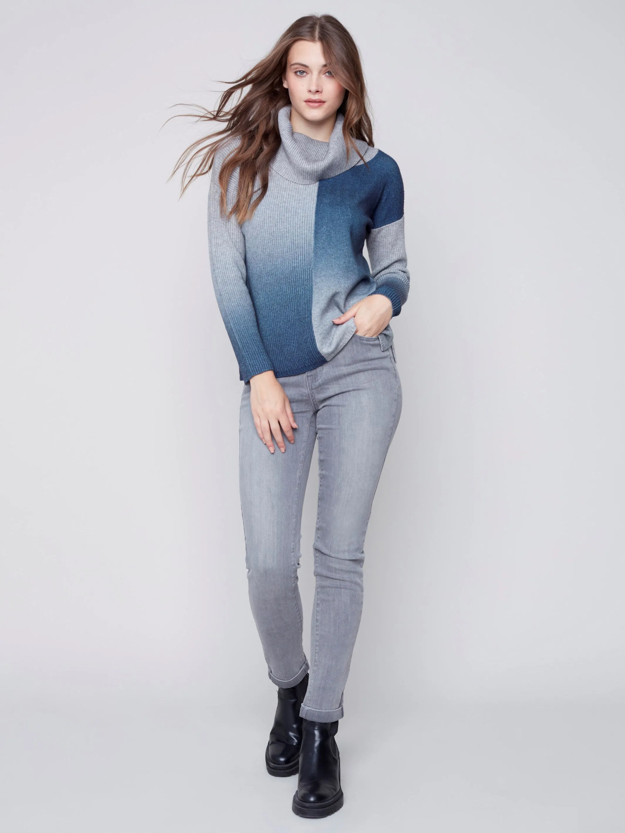Cowl Neck Ombré Printed Sweater - Denim