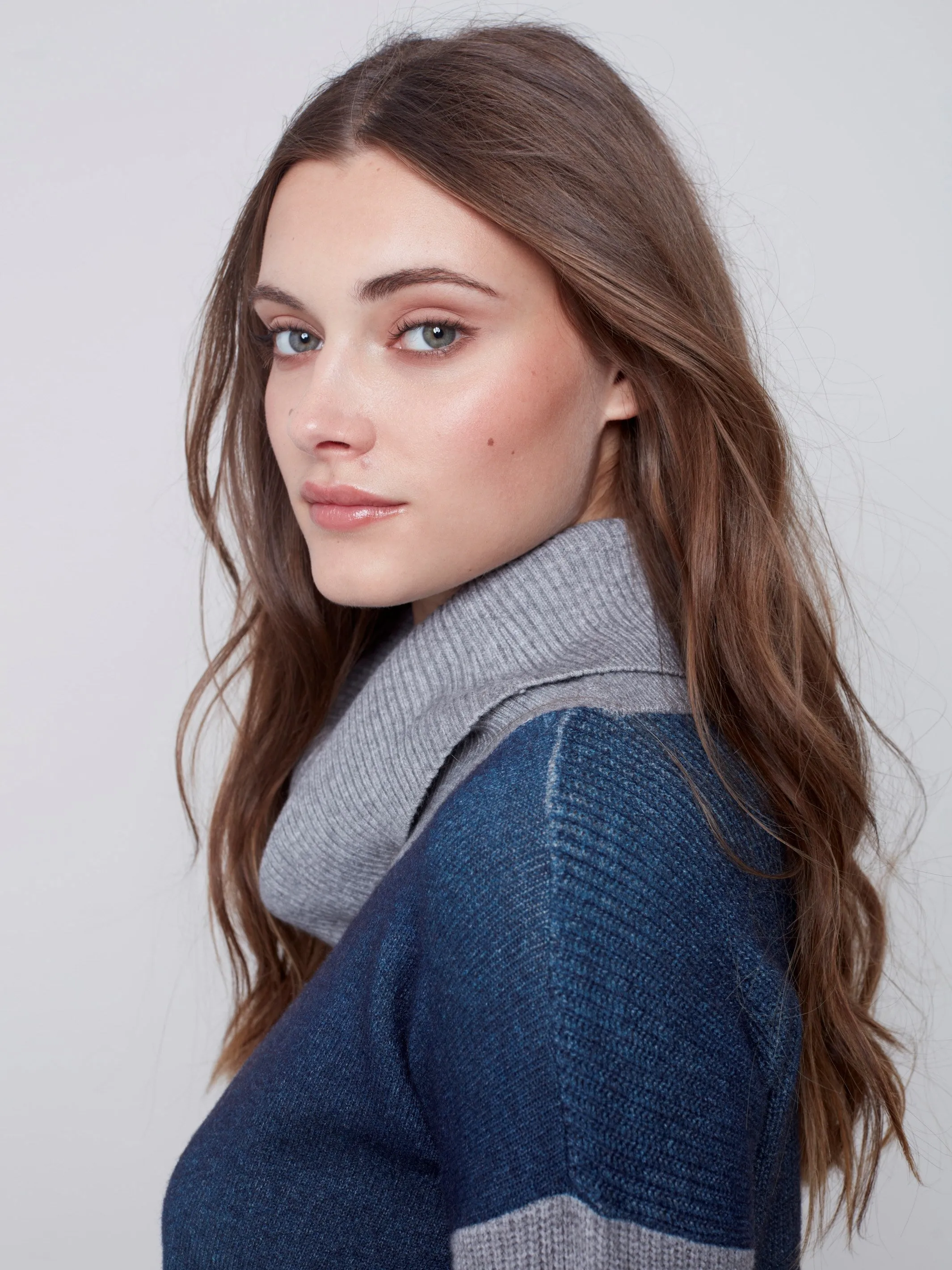 Cowl Neck Ombré Printed Sweater - Denim