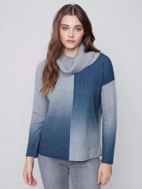 Cowl Neck Ombré Printed Sweater - Denim