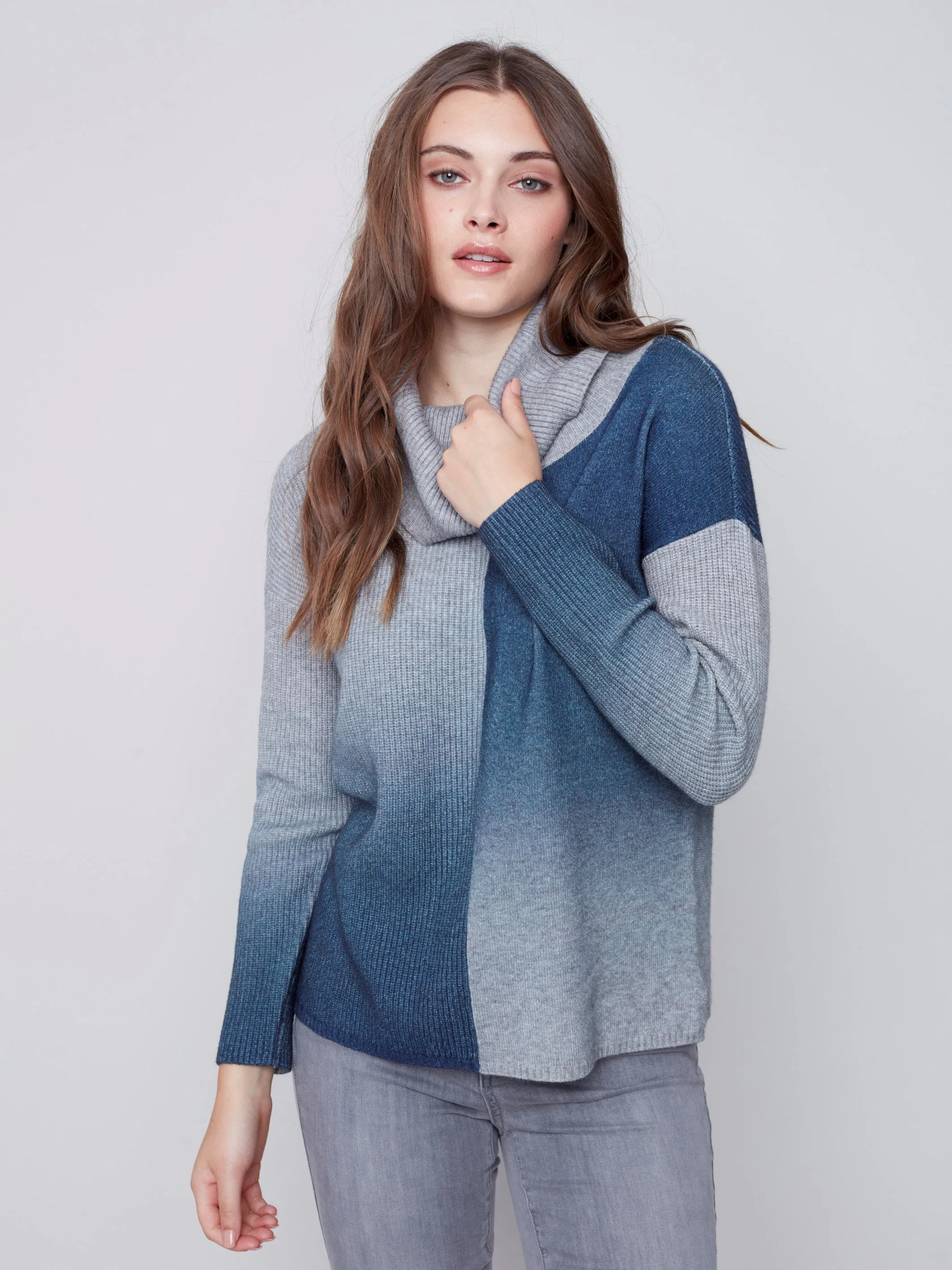 Cowl Neck Ombré Printed Sweater - Denim