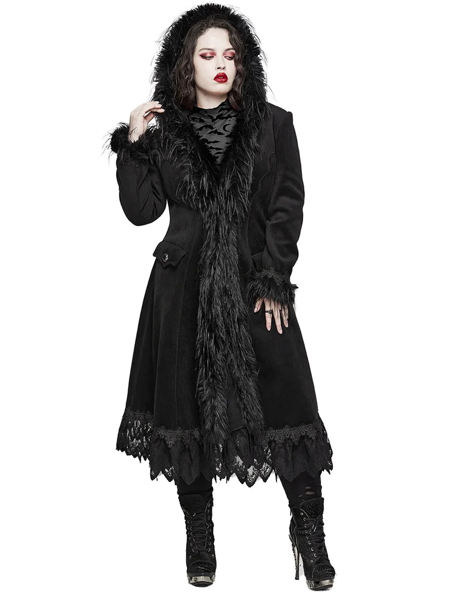 DY-1509ECF-BKF Womens Gothic Winter Fur & Lace Trimmed Hooded Coat - Extended Size Range