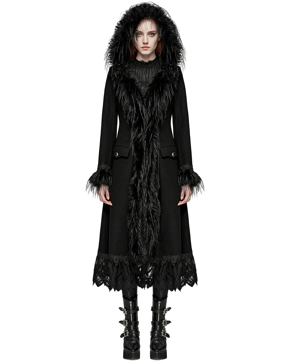 DY-1509ECF-BKF Womens Gothic Winter Fur & Lace Trimmed Hooded Coat - Extended Size Range