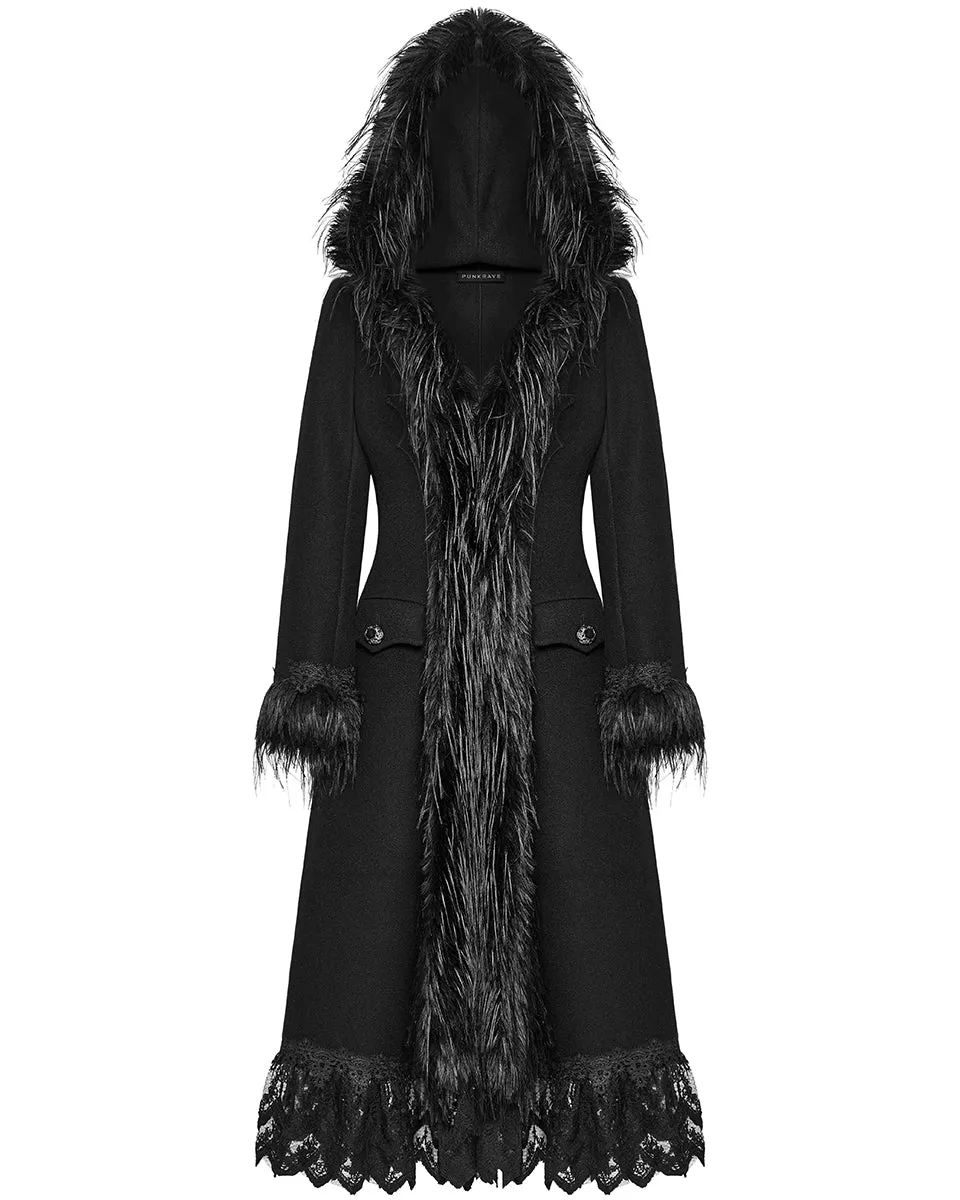 DY-1509ECF-BKF Womens Gothic Winter Fur & Lace Trimmed Hooded Coat - Extended Size Range