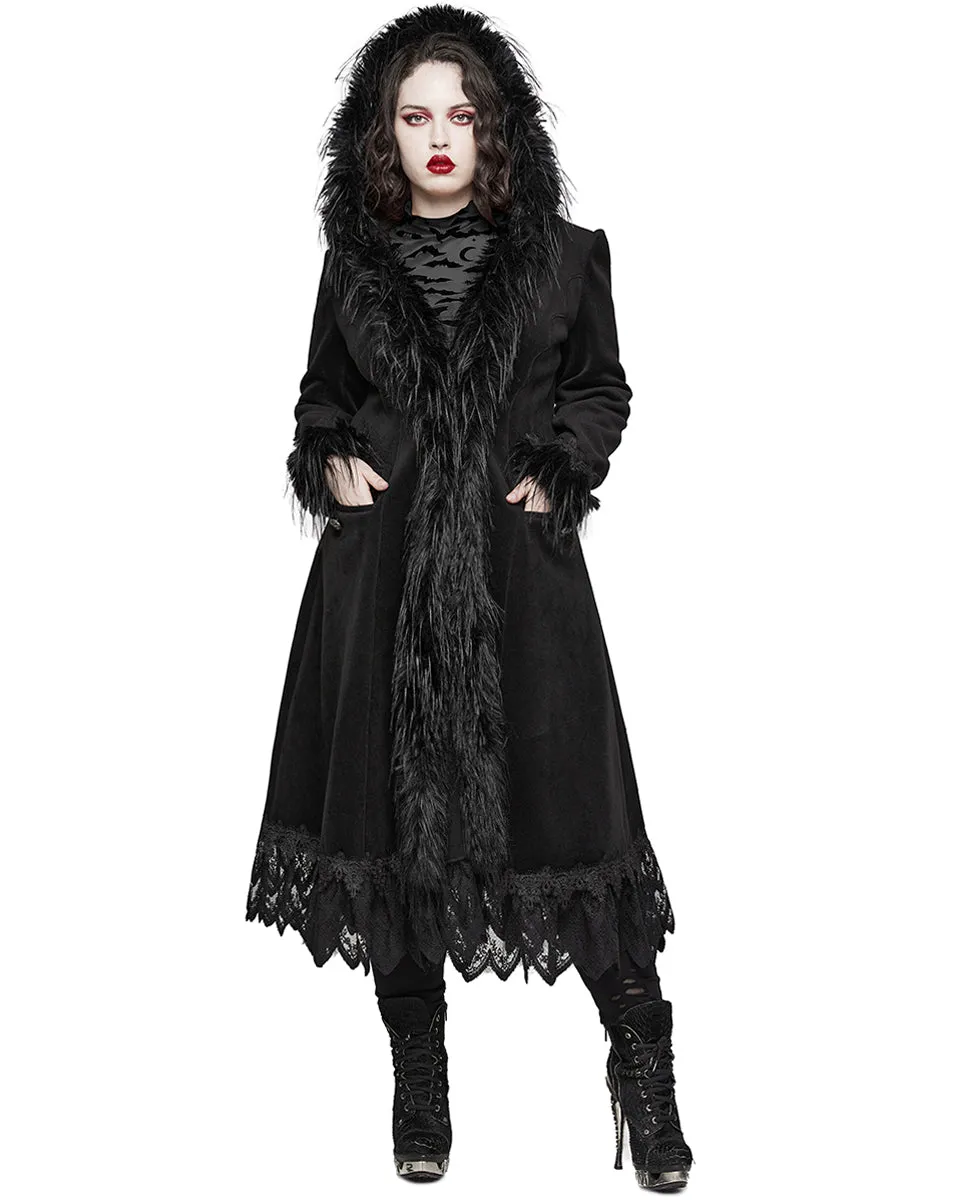 DY-1509ECF-BKF Womens Gothic Winter Fur & Lace Trimmed Hooded Coat - Extended Size Range