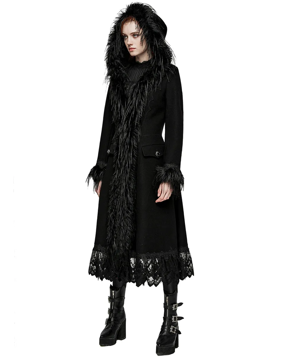 DY-1509ECF-BKF Womens Gothic Winter Fur & Lace Trimmed Hooded Coat - Extended Size Range