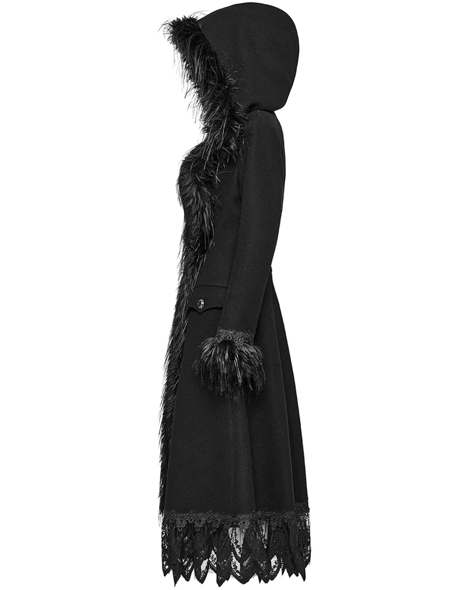 DY-1509ECF-BKF Womens Gothic Winter Fur & Lace Trimmed Hooded Coat - Extended Size Range