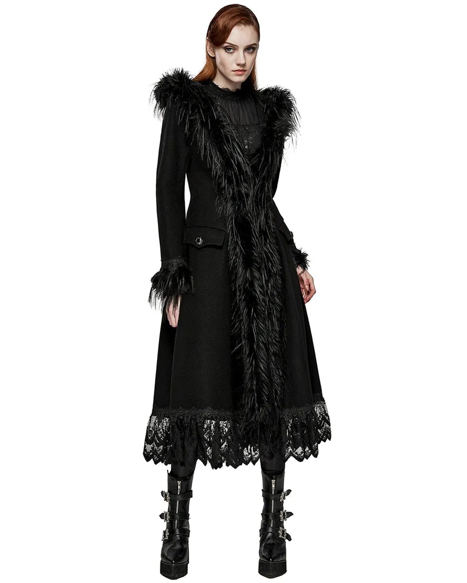 DY-1509ECF-BKF Womens Gothic Winter Fur & Lace Trimmed Hooded Coat - Extended Size Range