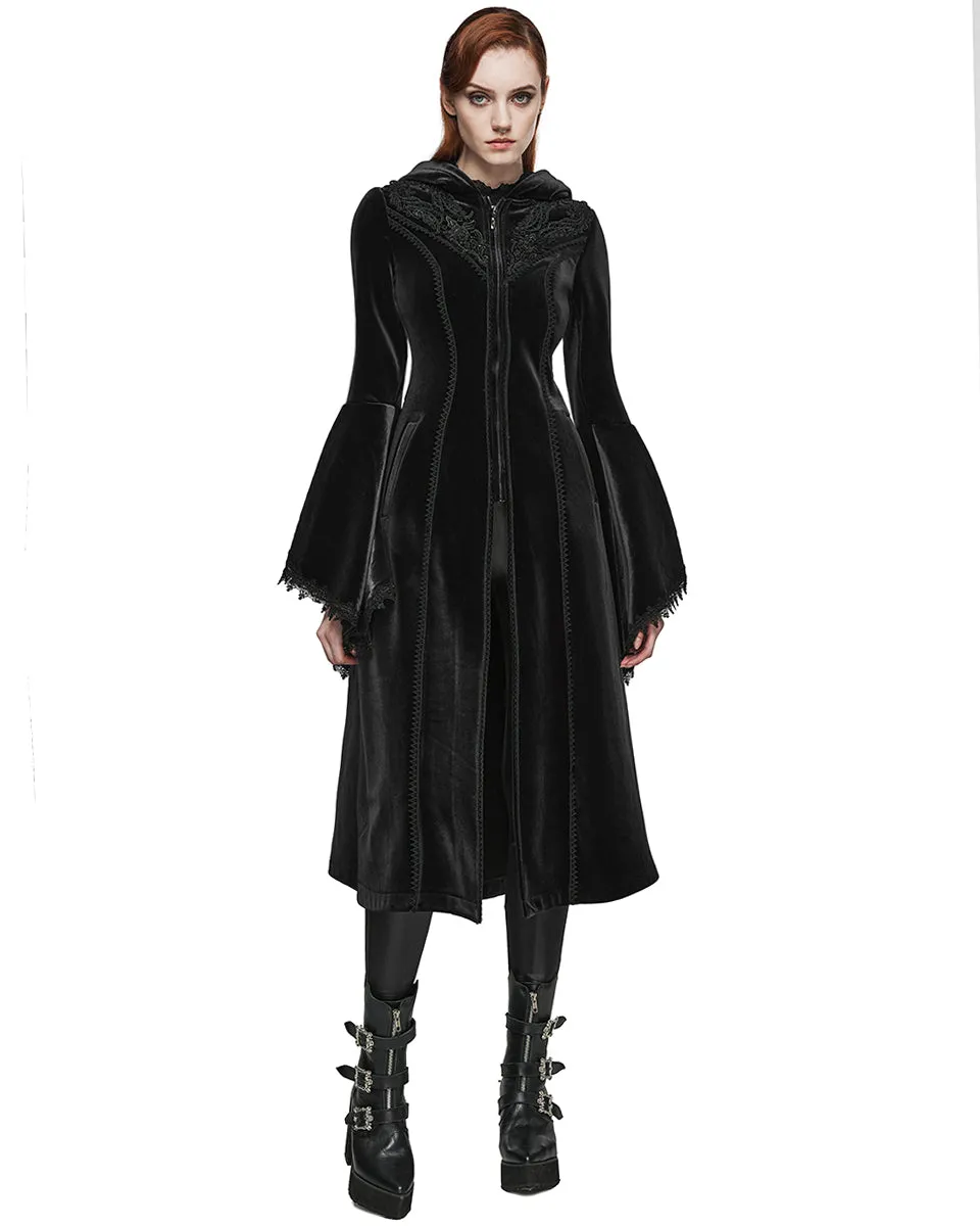 DY-1510LCF-BKF Womens Gorgeous Gothic Lace Applique Hooded Coat - Extended Size Range - Black Velvet