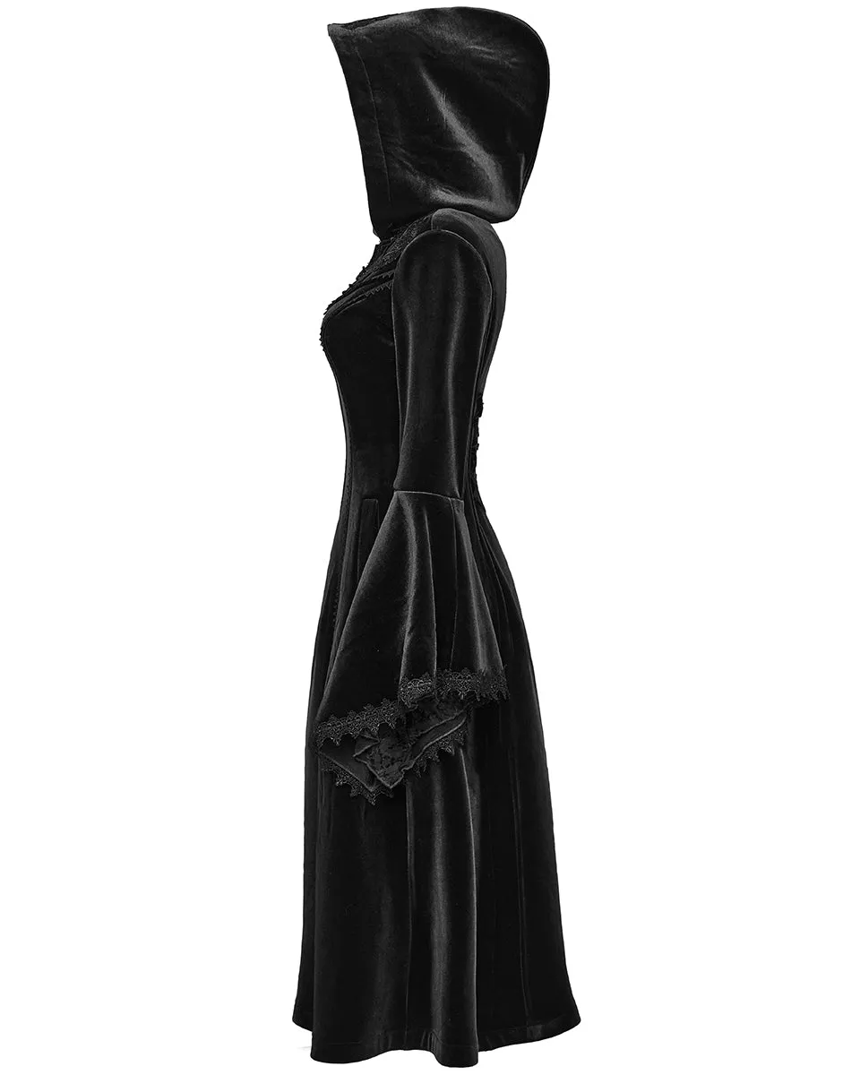 DY-1510LCF-BKF Womens Gorgeous Gothic Lace Applique Hooded Coat - Extended Size Range - Black Velvet