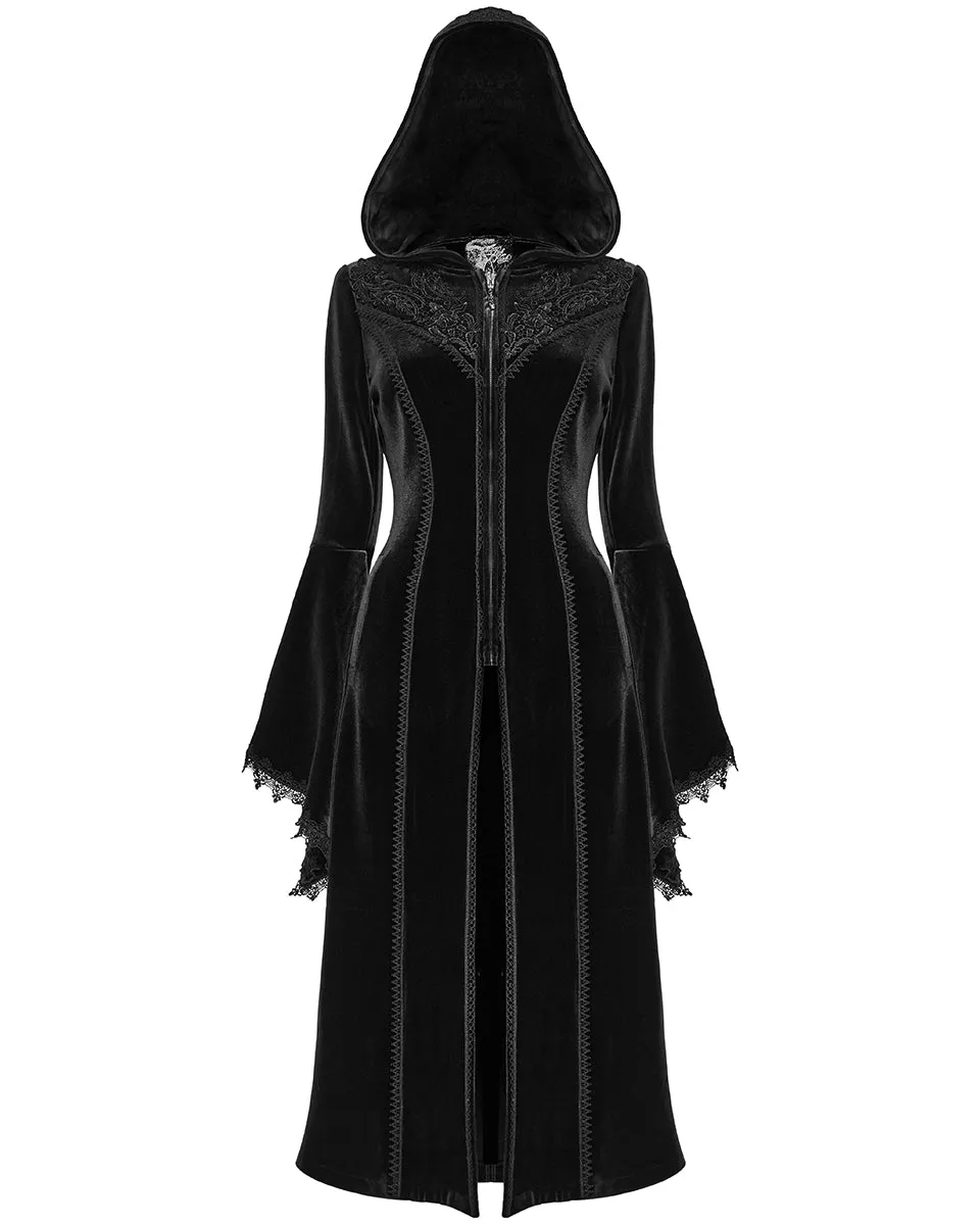 DY-1510LCF-BKF Womens Gorgeous Gothic Lace Applique Hooded Coat - Extended Size Range - Black Velvet